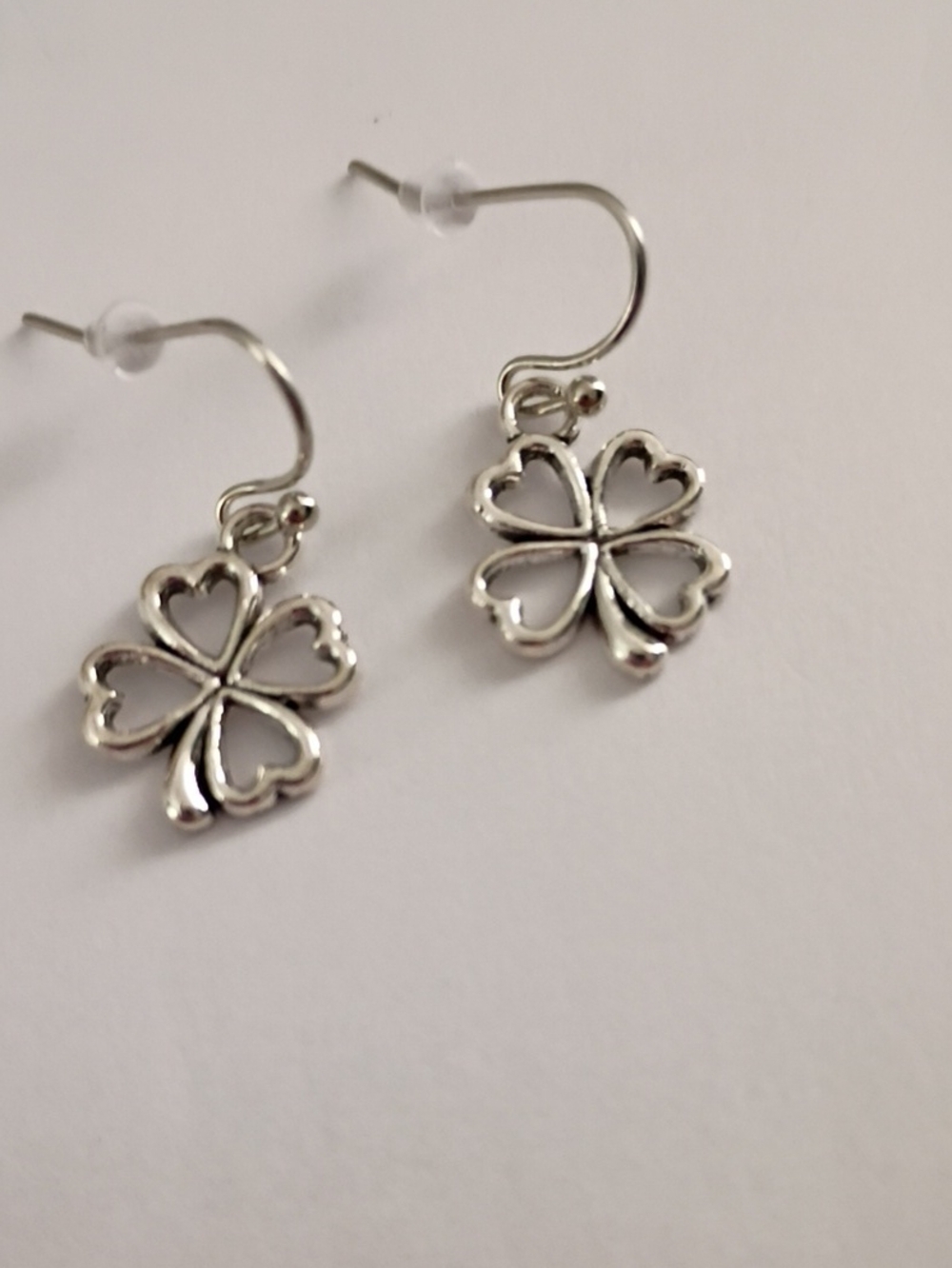Silver Four-Leaf Clover Heart Drop Earrings